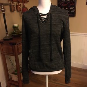 Long sleeve fleece lace up hoodie, charcoal gray